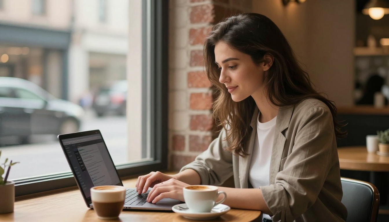 Young professional woman at café table using AI chat on laptop by window