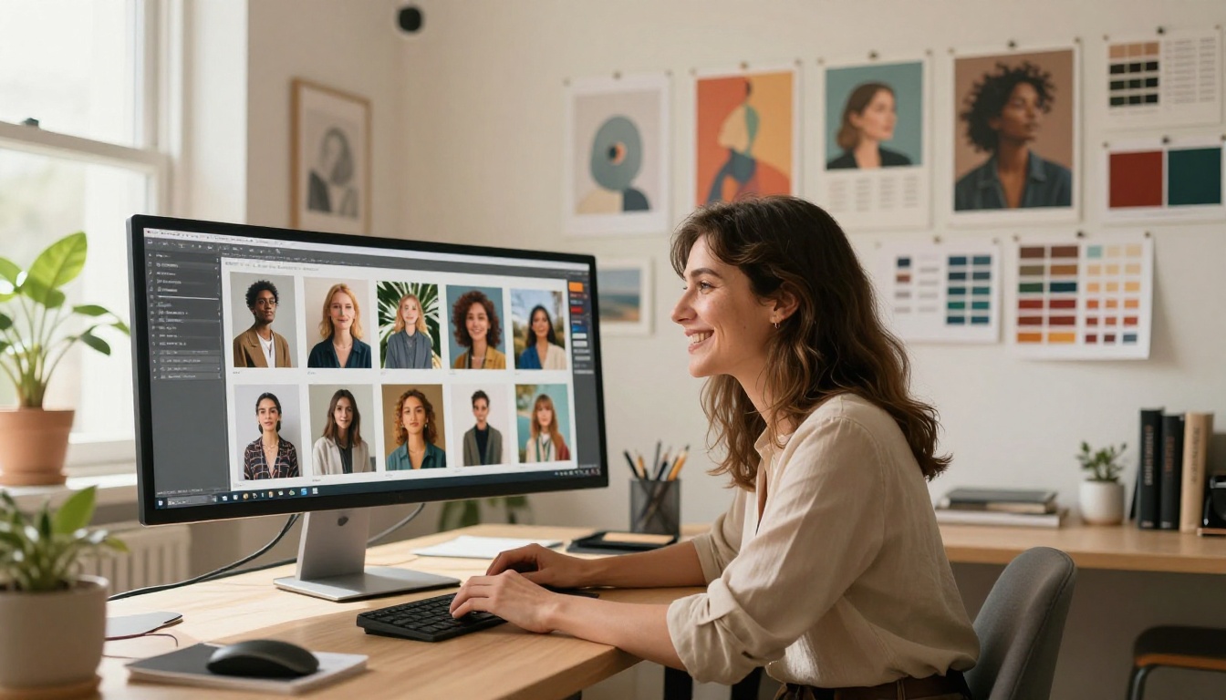Creative professional woman smiling at curved monitor in bright creative studio workspace
