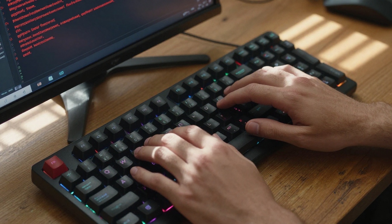 A developer's hands typing at a mechanical keyboard with a stack trace on screen