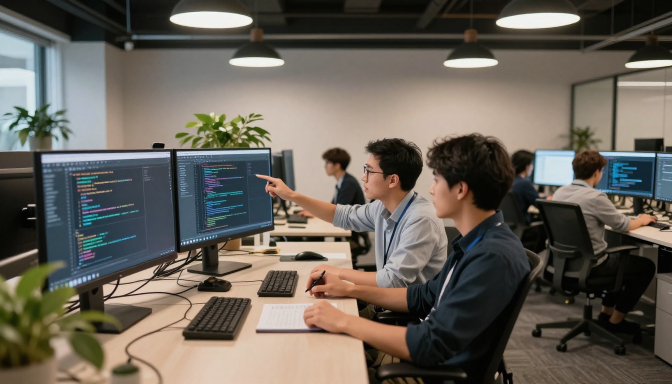 Three developers reviewing code together on shared monitors in an open office