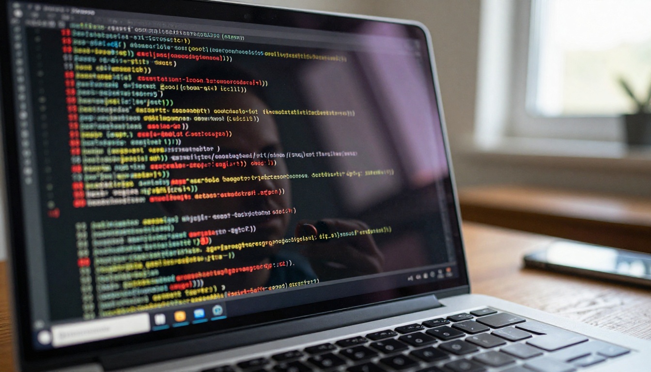 A laptop screen showing a dense JavaScript error stack trace with red and yellow highlights