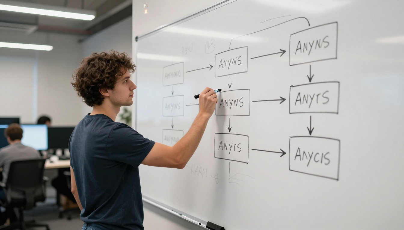 A whiteboard covered in handwritten debugging flowcharts and async call diagrams