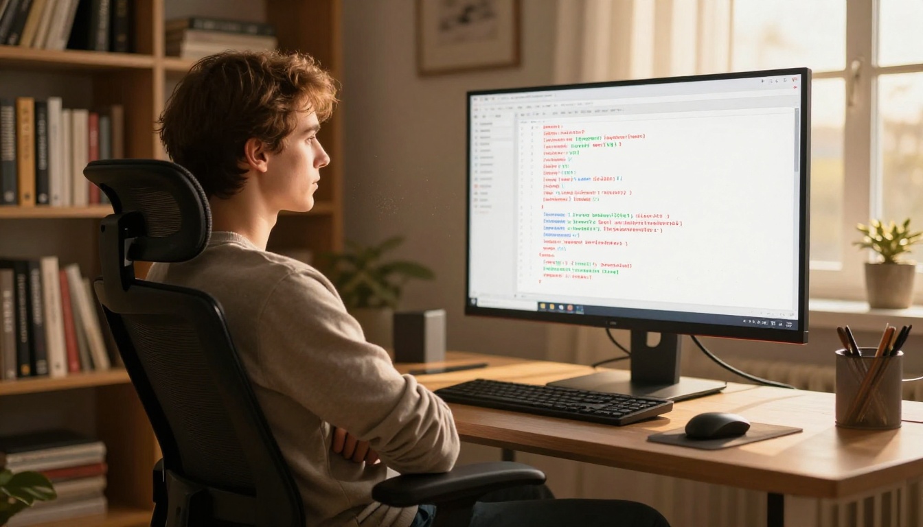 A developer leaning back in an ergonomic chair staring pensively at a code review diff