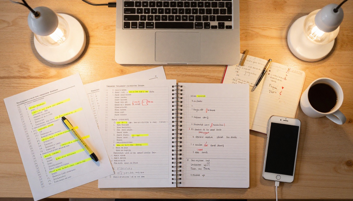 Bird's eye overhead view of a developer's desk with annotated code printouts and handwritten notes