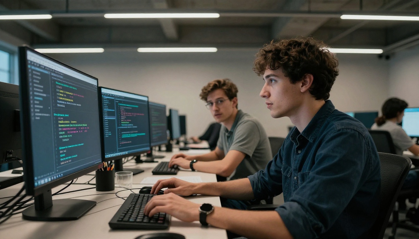 Two developers doing pair programming at a shared workstation with test output on screen