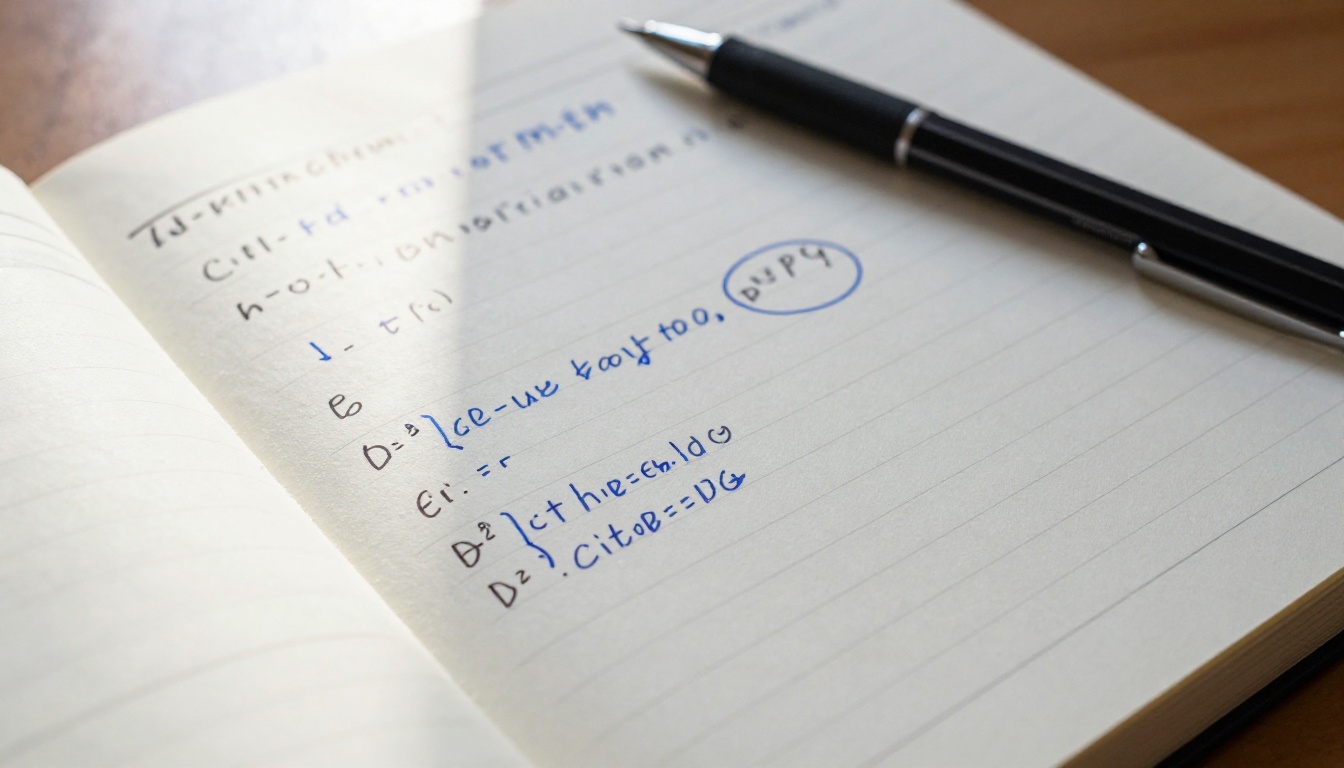 A developer's notebook open with handwritten pseudocode, circled bug notes, and arrows