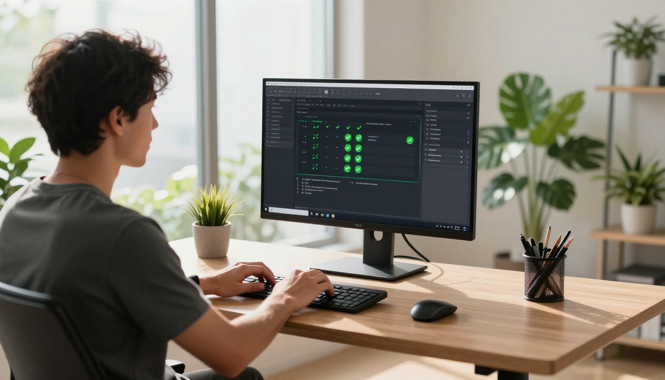 Developer at a standing desk in a bright home office with all green tests on the monitor