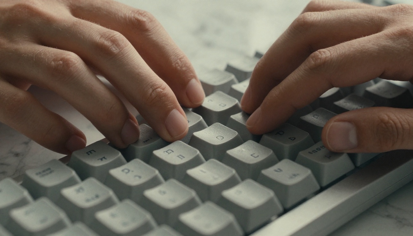 Hands positioned over mechanical keyboard on marble desk with warm side lighting Hands positioned over mechanical keyboard on marble desk with warm side lighting