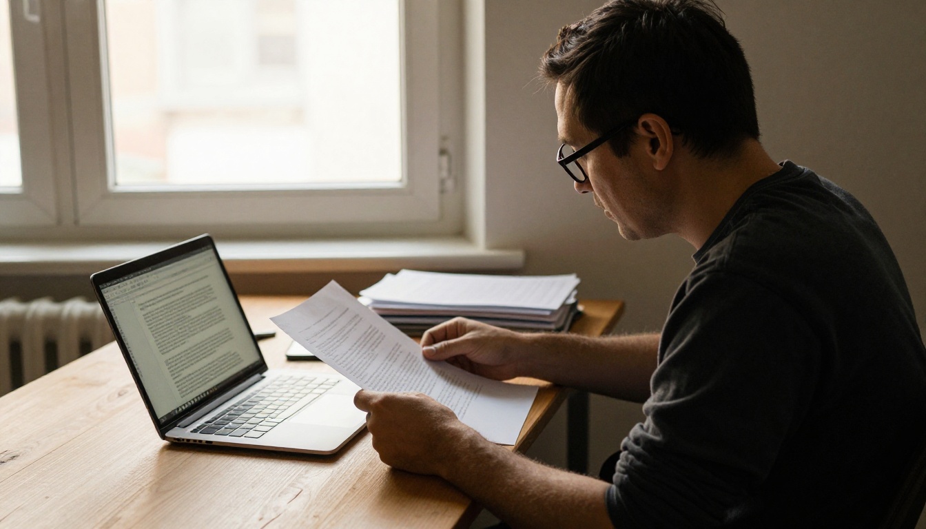 Focused man with glasses reviewing documents at wooden desk with rim lighting from window Focused man with glasses reviewing documents at wooden desk with rim lighting from window