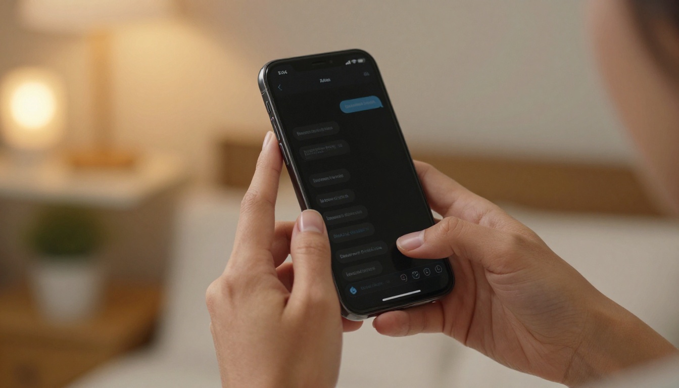 Smartphone held close-up showing chat interface with warm indoor bokeh light Smartphone held close-up showing chat interface with warm indoor bokeh light
