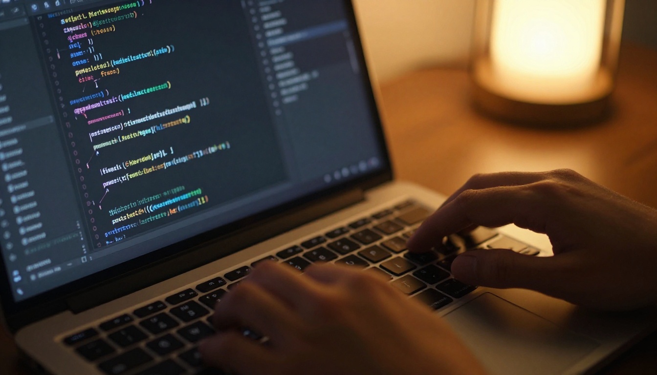 Developer laptop showing clean code in dark editor with warm amber desk lamp light Developer laptop showing clean code in dark editor with warm amber desk lamp light