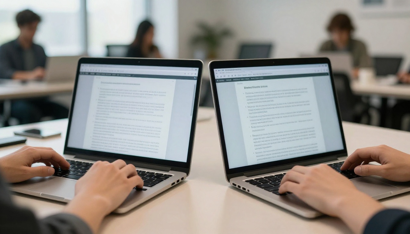 Two laptops side by side on conference table with natural overhead office lighting Two laptops side by side on conference table with natural overhead office lighting