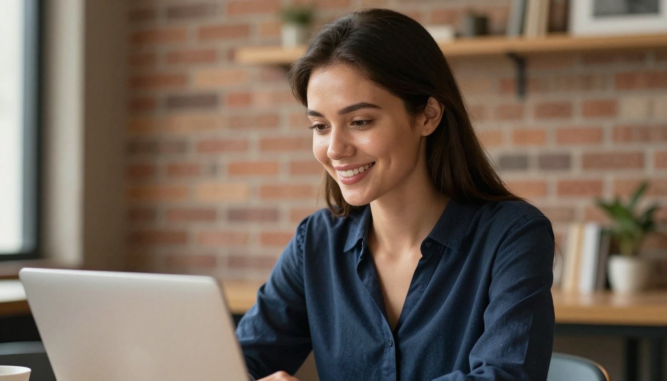 Professional woman smiling at laptop in modern coworking space with exposed brick background Professional woman smiling at laptop in modern coworking space with exposed brick background