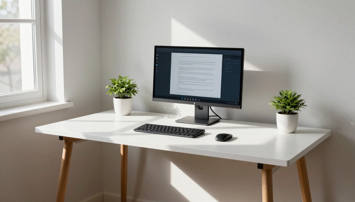 Modern home office setup with widescreen monitor and geometric morning window shadows Modern home office setup with widescreen monitor and geometric morning window shadows
