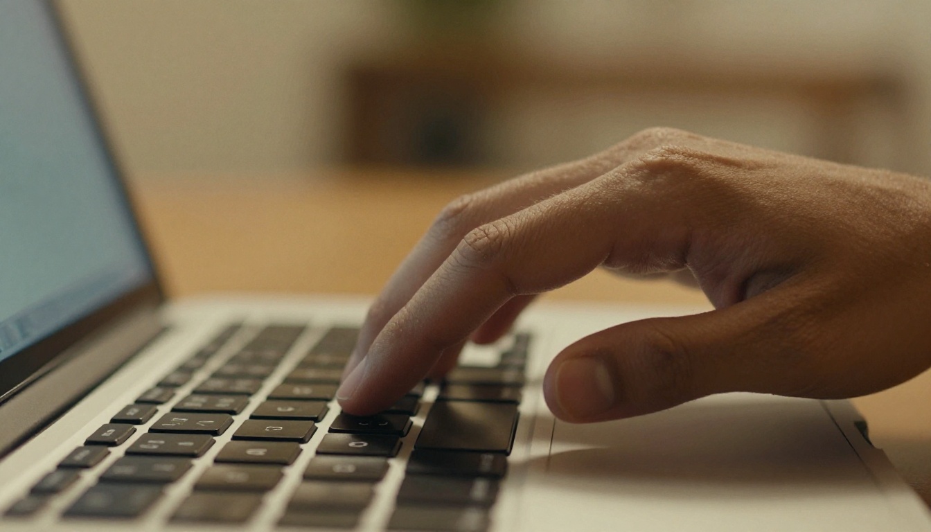 Hand reaching toward laptop keyboard with warm amber afternoon light from the right Hand reaching toward laptop keyboard with warm amber afternoon light from the right