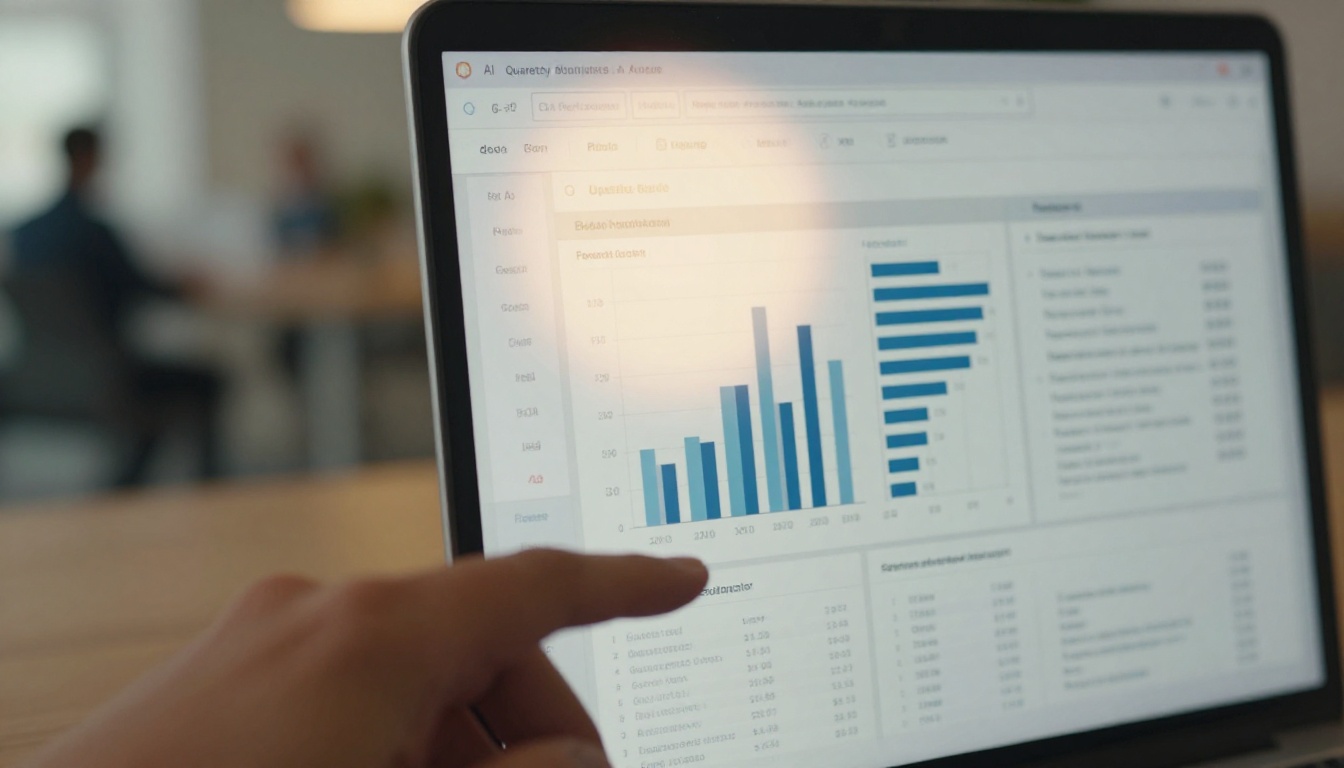 AI financial analyst reviewing quarterly report data on a laptop screen
