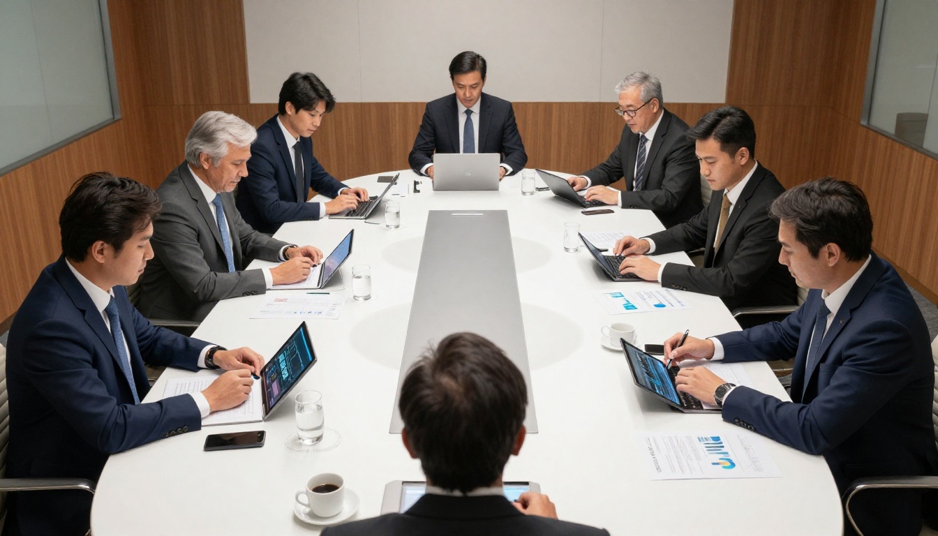 Business executives reviewing AI-generated financial slides in a boardroom meeting