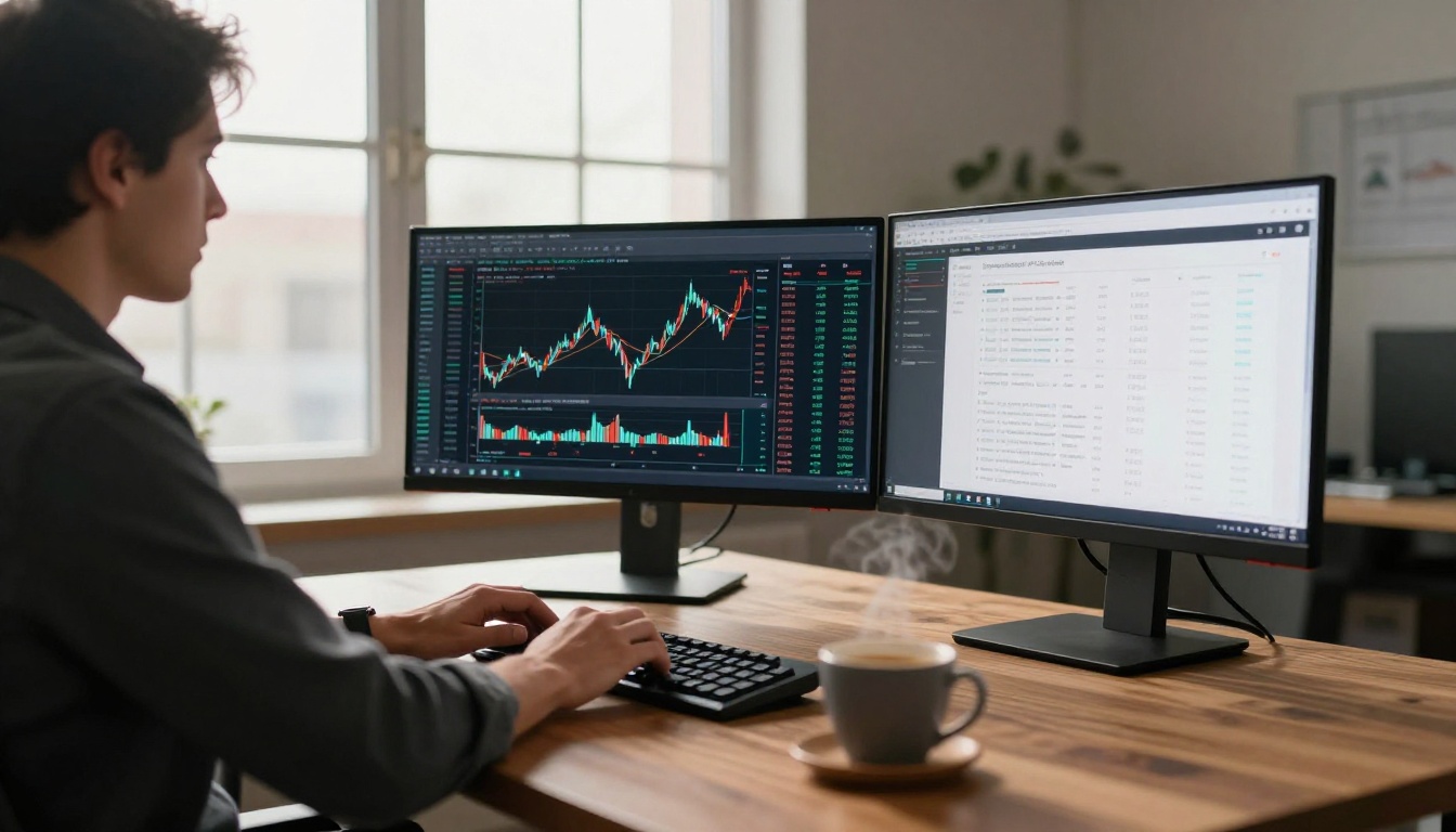 Finance professional typing at a standing desk with dual monitors showing financial data and slides