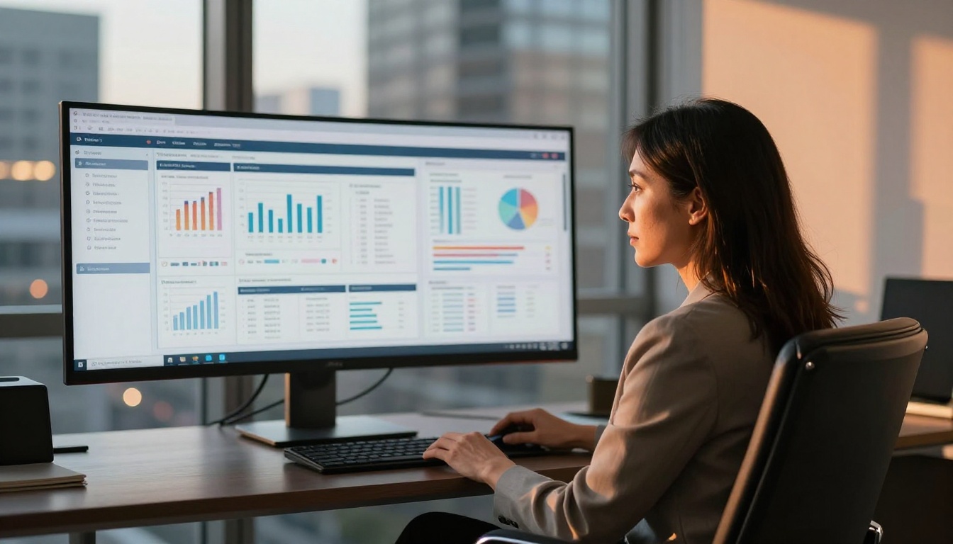 Female CFO reviewing AI-generated annual financial report on a curved monitor in a corner office