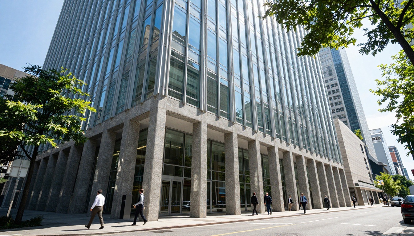 Modern glass and steel financial district building exterior with natural midday sunlight