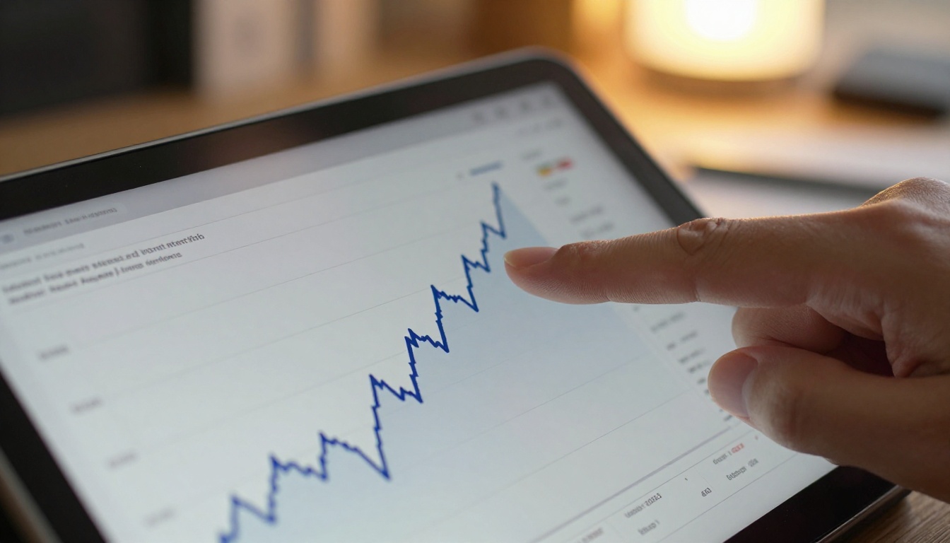 Close-up of tablet screen with ascending financial trend chart and analyst's finger pointing at a data peak