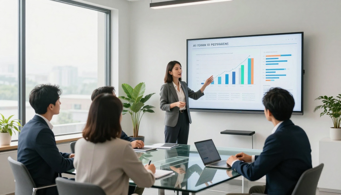 Professional woman presenting AI-generated financial slides to attentive colleagues in a conference room