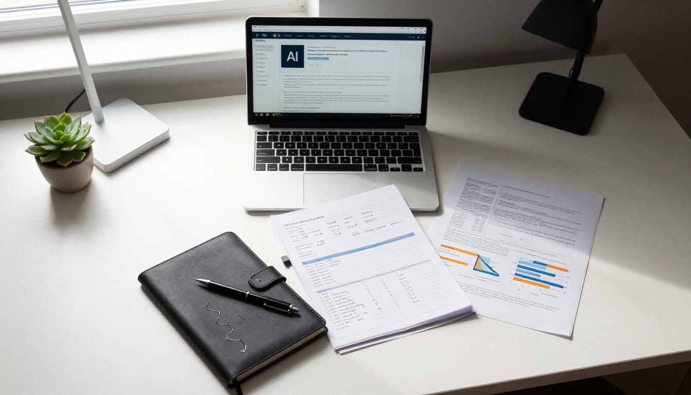 Organized desk workspace with financial documents, laptop with AI interface, and leather notebook