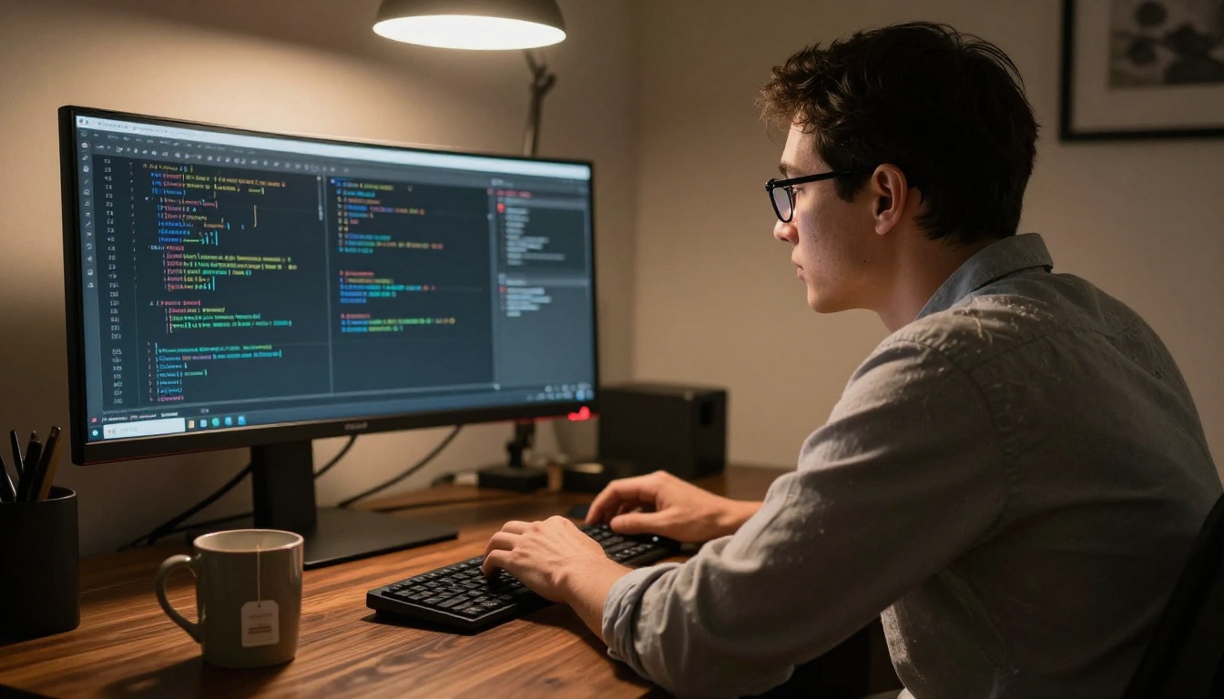Developer reading a long technical document on a vertical monitor with evening desk lamp lighting Developer reading a long technical document on a vertical monitor with evening desk lamp lighting