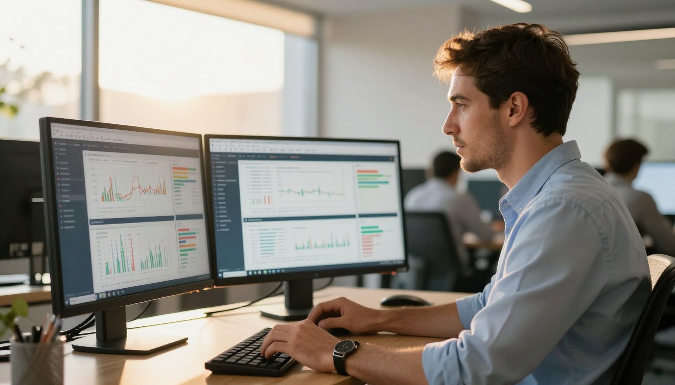 Male financial analyst at a dual-monitor workstation reviewing dashboards with warm golden afternoon light