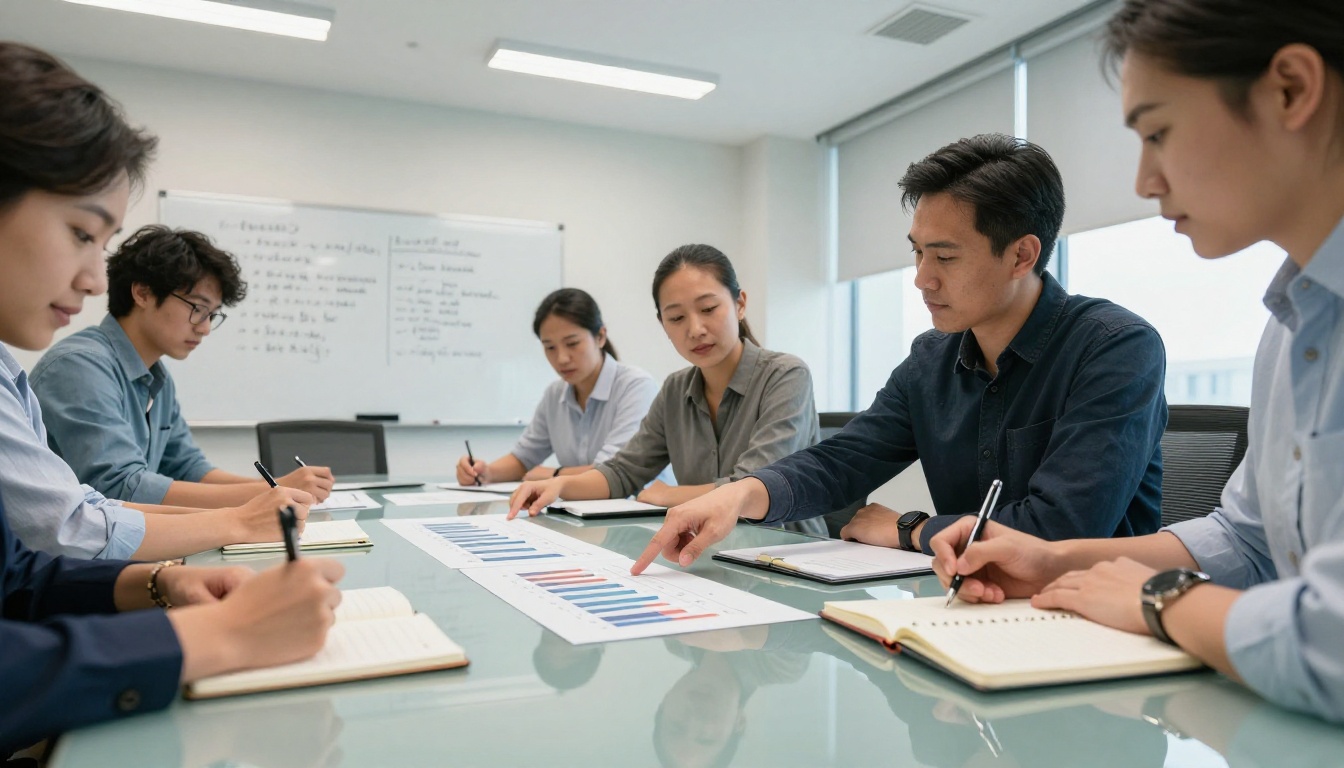 Two professionals discussing AI benchmark charts in a bright modern meeting room Two professionals discussing AI benchmark charts in a bright modern meeting room