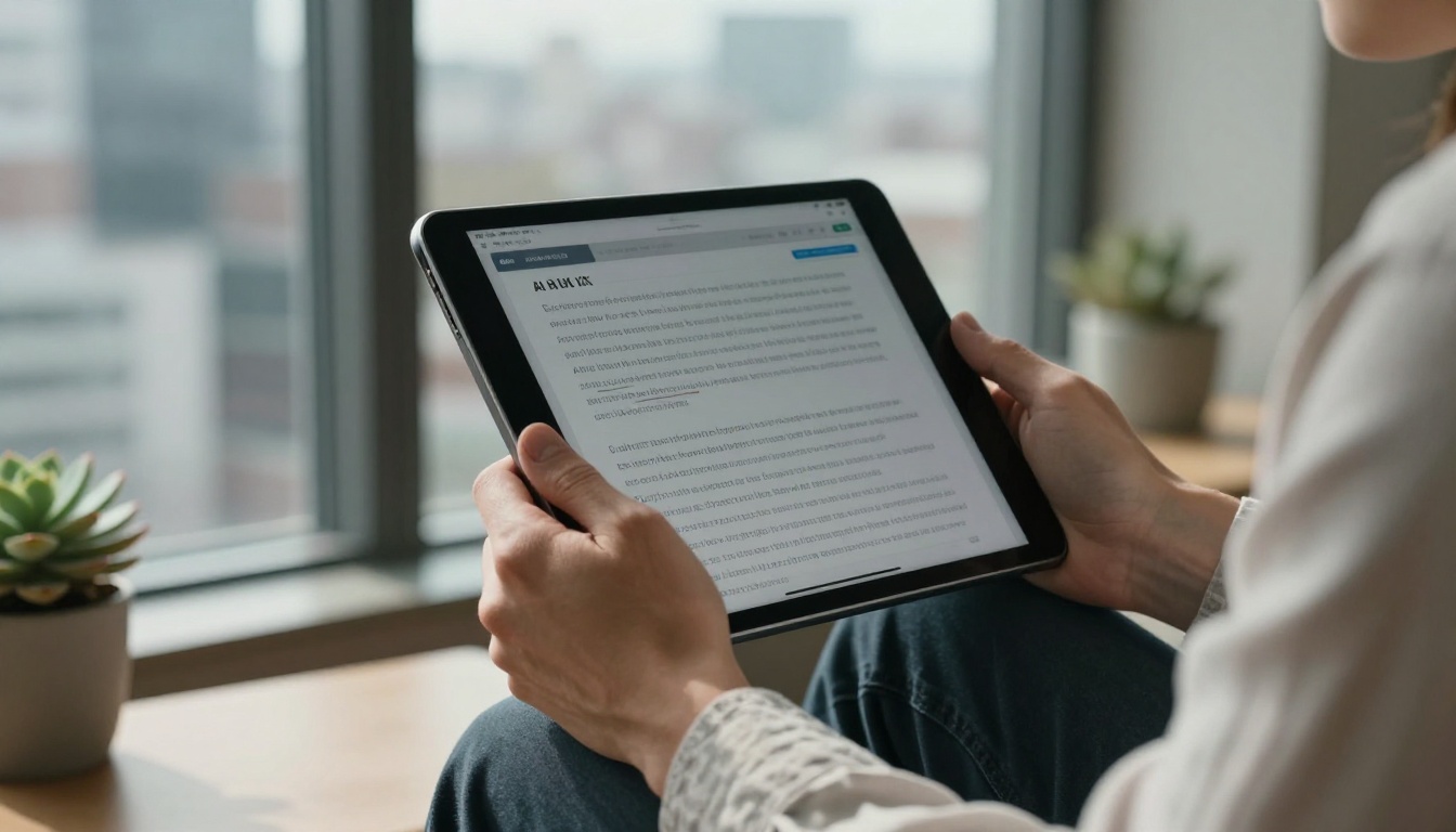 Person holding a tablet showing an AI analysis interface beside a panoramic office window Person holding a tablet showing an AI analysis interface beside a panoramic office window