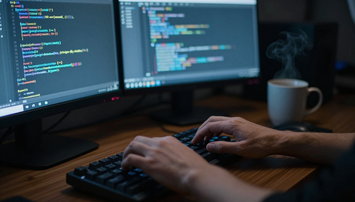 Programmer hands typing on a mechanical keyboard in a dark home office lit by monitor glow Programmer hands typing on a mechanical keyboard in a dark home office lit by monitor glow