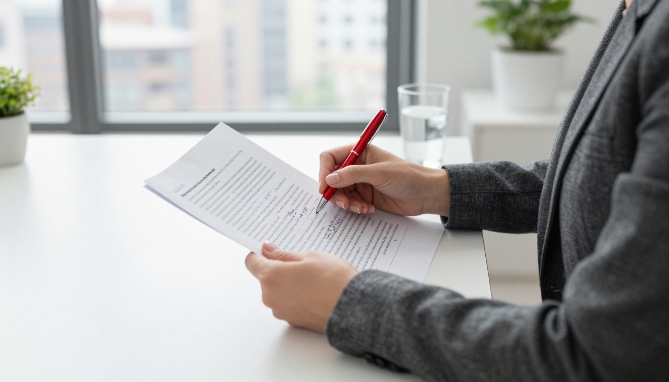 Woman in charcoal blazer reviewing a printed policy document with a red pen at a minimalist desk Woman in charcoal blazer reviewing a printed policy document with a red pen at a minimalist desk
