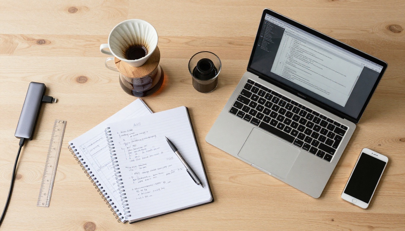 Aerial flat-lay of a developer desk with laptop, engineering notebook, coffee dripper and USB cables Aerial flat-lay of a developer desk with laptop, engineering notebook, coffee dripper and USB cables