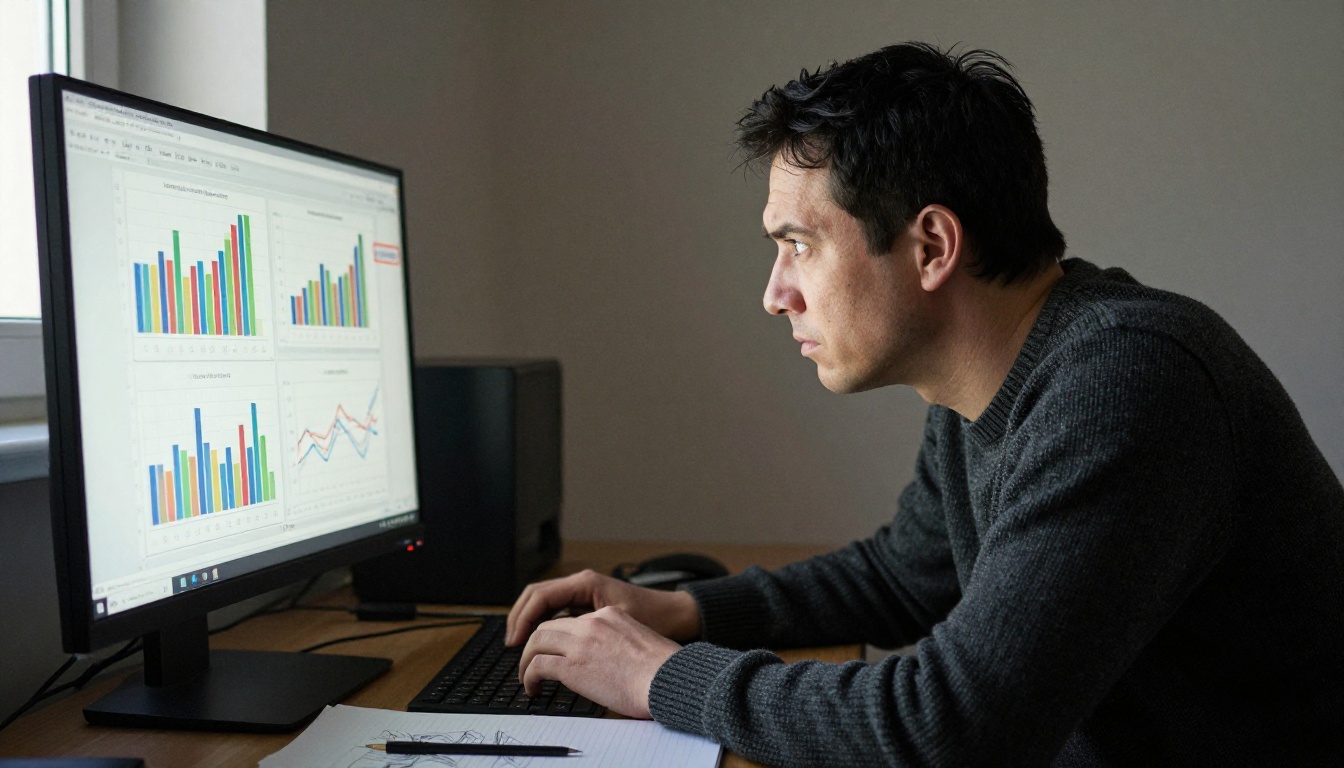 Man in merino sweater leaning forward studying comparison bar charts on a desktop monitor Man in merino sweater leaning forward studying comparison bar charts on a desktop monitor