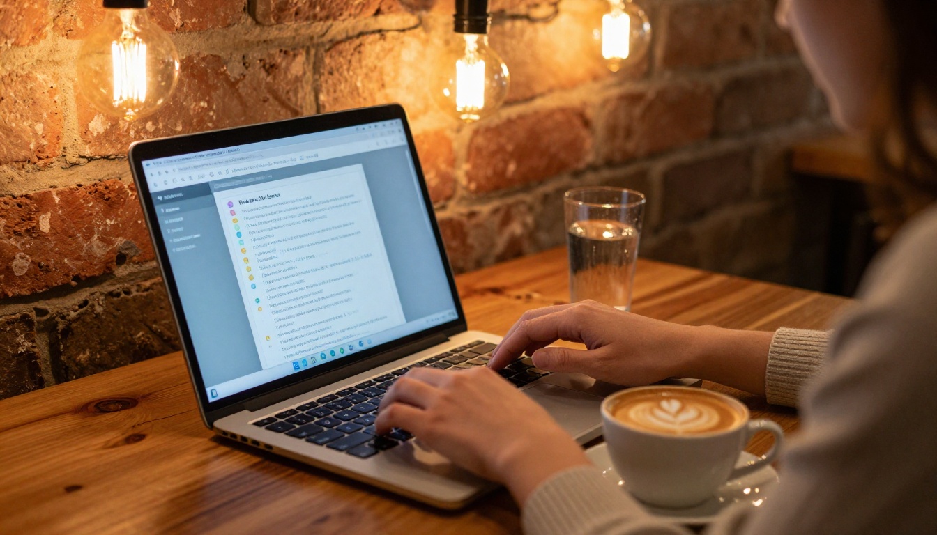 Person typing on a laptop at a warm coffeeshop corner table with pendant Edison bulbs overhead Person typing on a laptop at a warm coffeeshop corner table with pendant Edison bulbs overhead