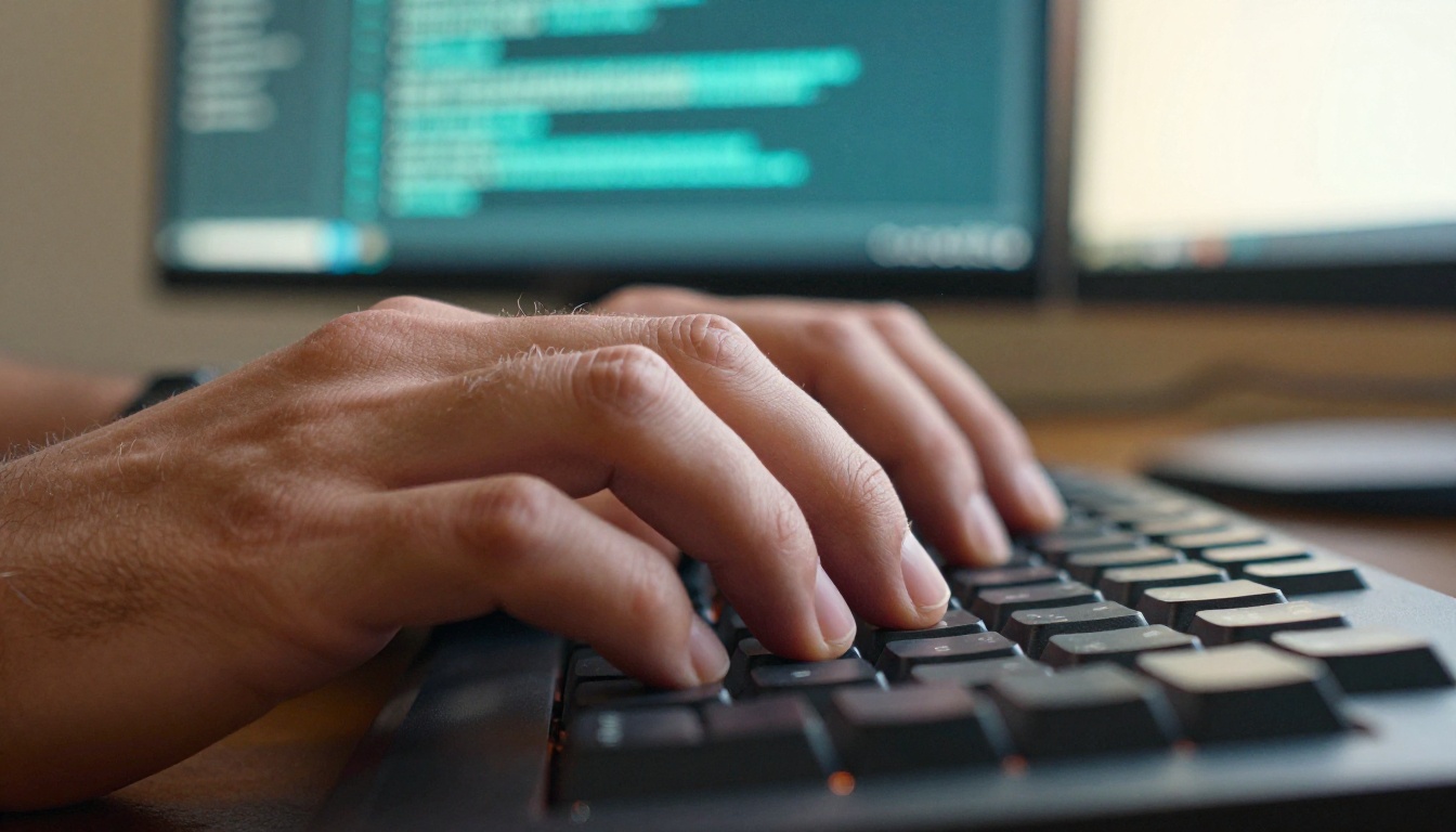 Hands typing on mechanical keyboard with AI terminal glowing in background