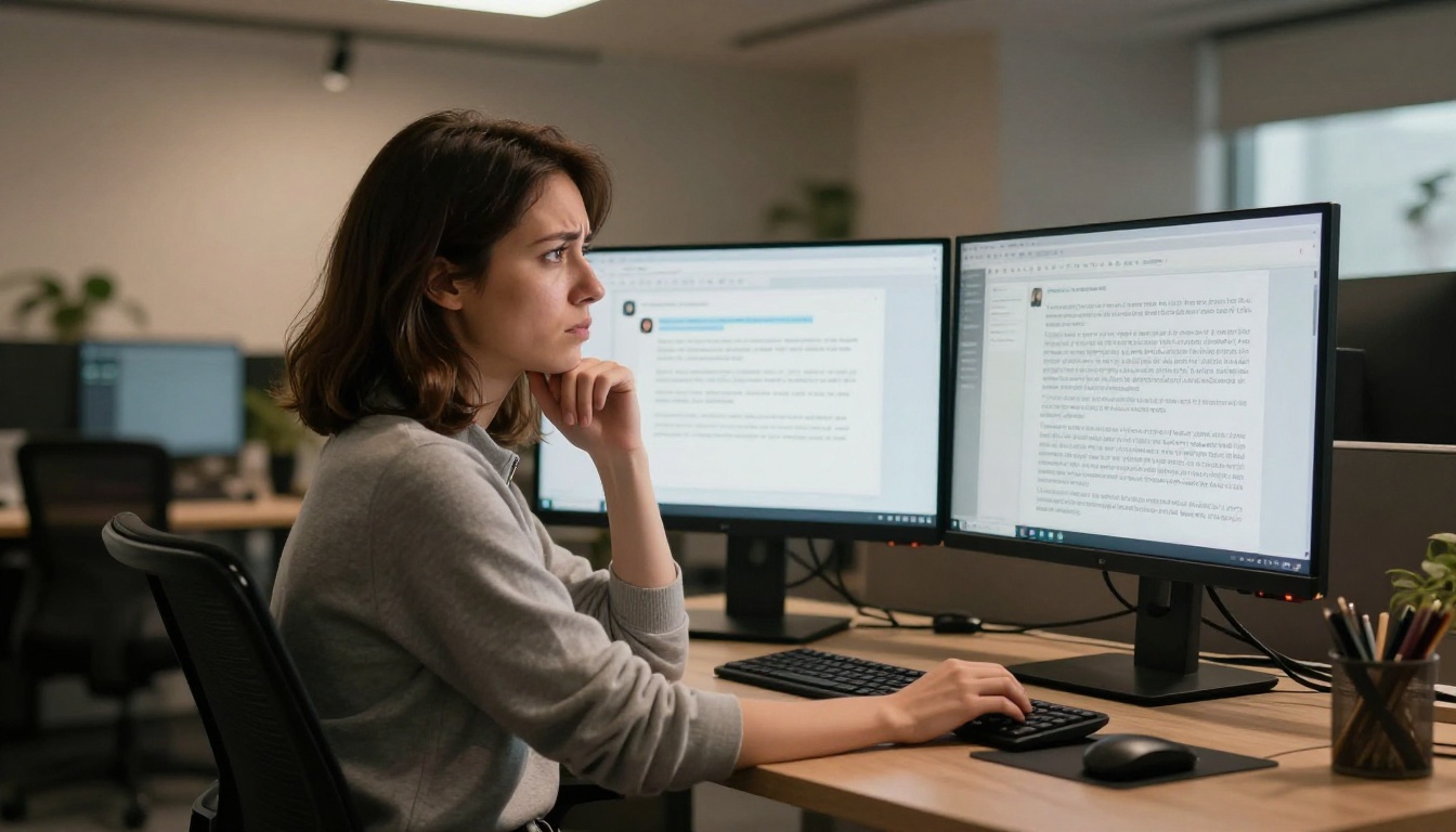 Female developer comparing two different AI response outputs on side-by-side screens