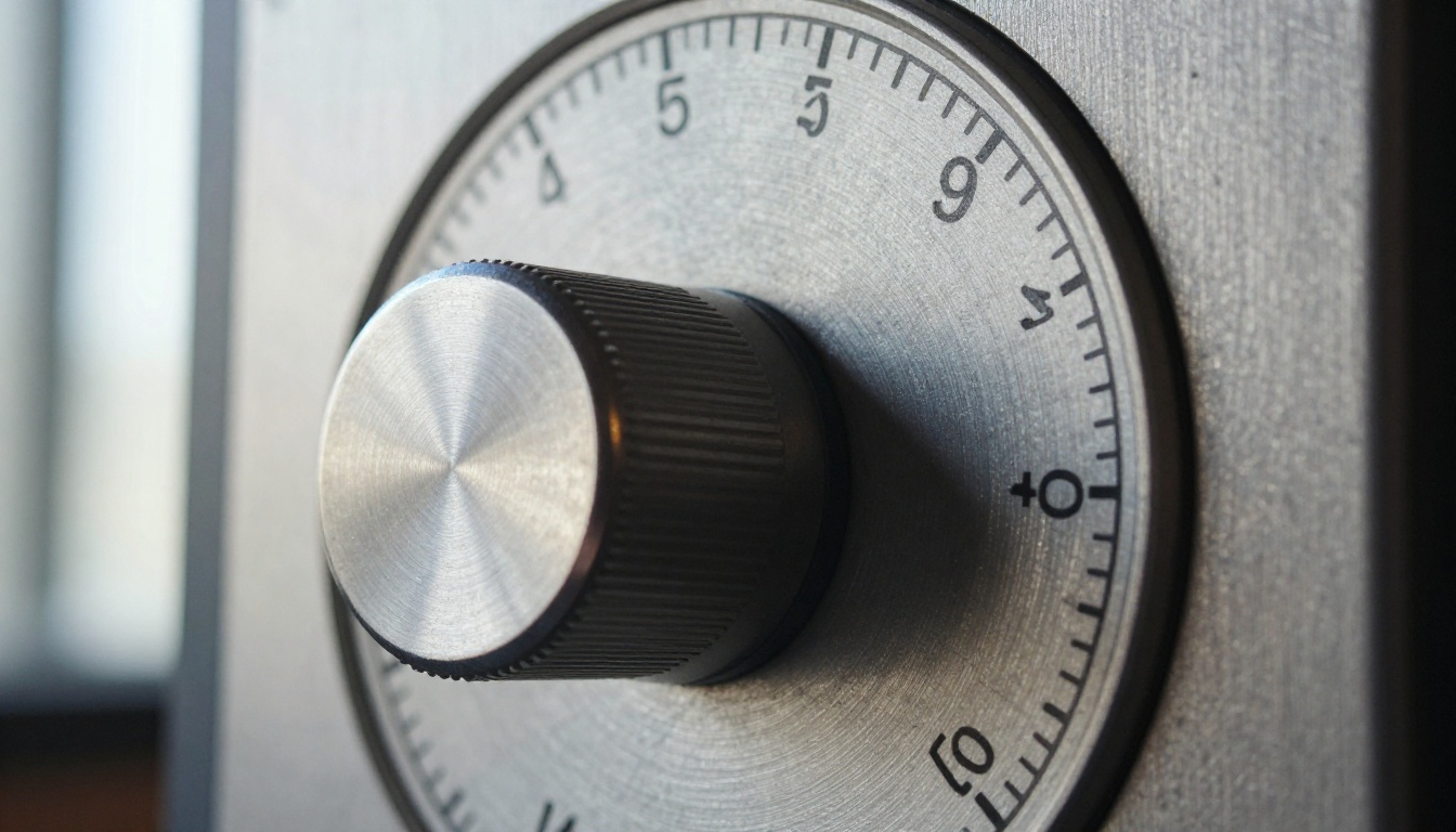 Analog control dial close-up on brushed aluminum panel showing machined detail and specular highlight