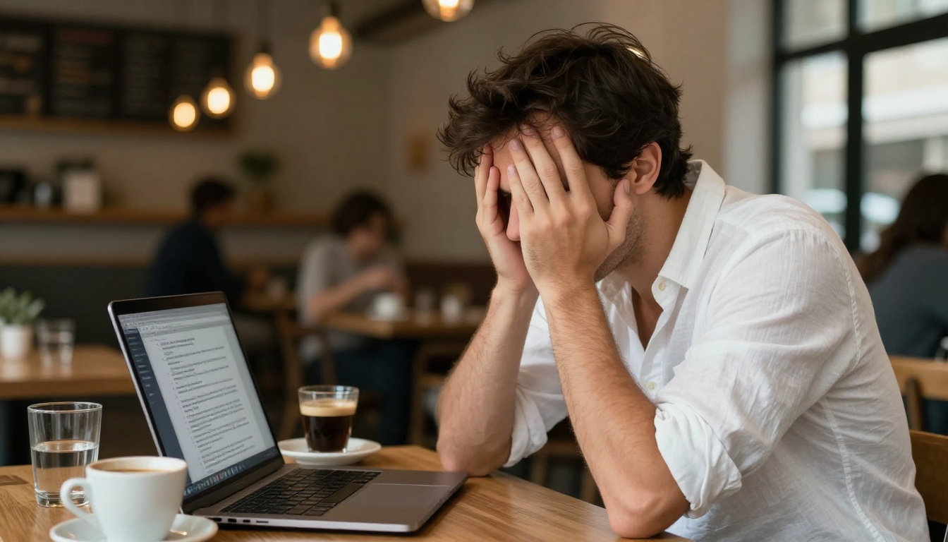 Male developer overwhelmed, rubbing temples in front of laptop with excessively long AI response