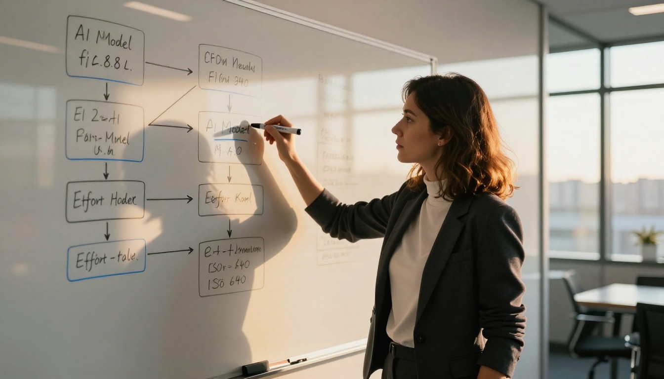 Female data scientist drawing workflow diagram on whiteboard in glass-walled conference room