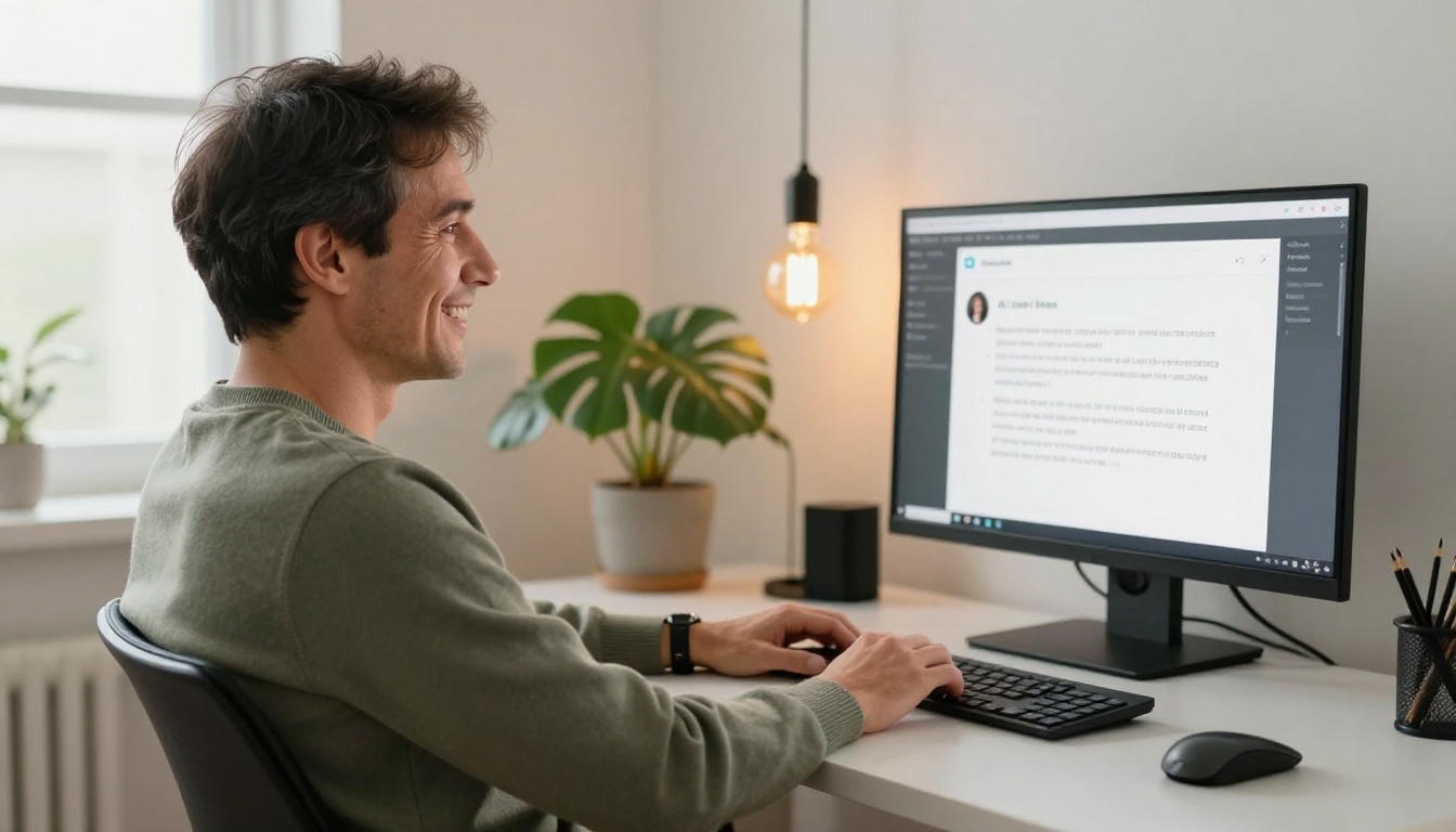 Satisfied male engineer leaning back with crossed arms, reviewing clean concise AI response on monitor