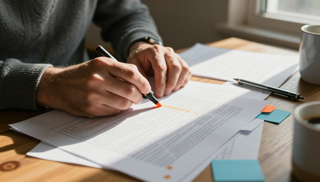 Researcher hands highlighting printed research papers on cluttered academic desk