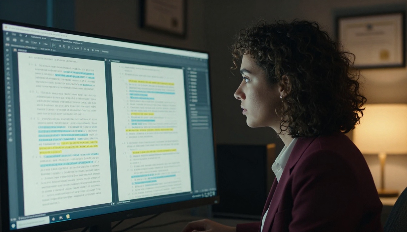 Female scientist reading text analysis interface on large curved ultrawide monitor at desk