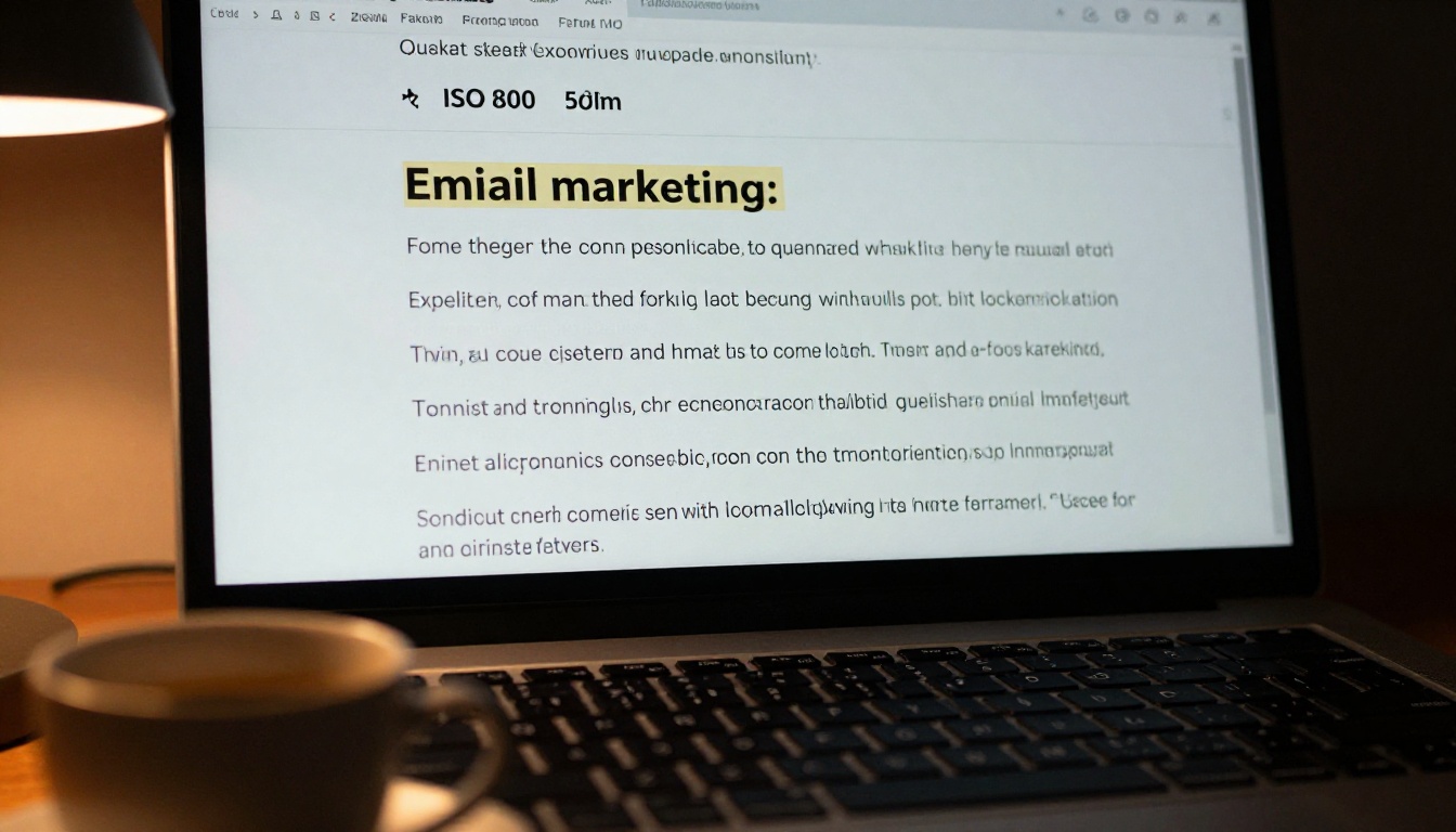 Marketing email copy drafts on a dark-mode monitor screen with warm tungsten desk lamp