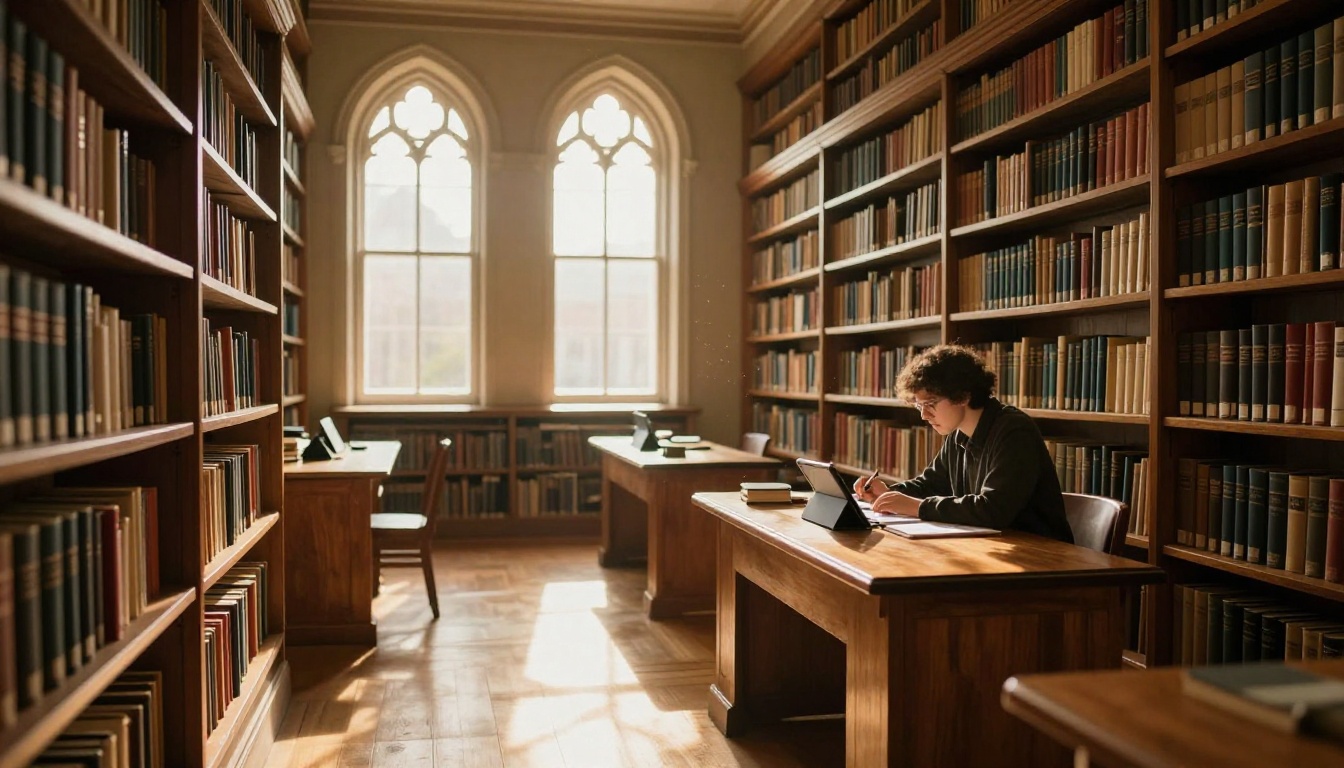 Wide-angle university library interior with golden window light and lone researcher at oak reading table