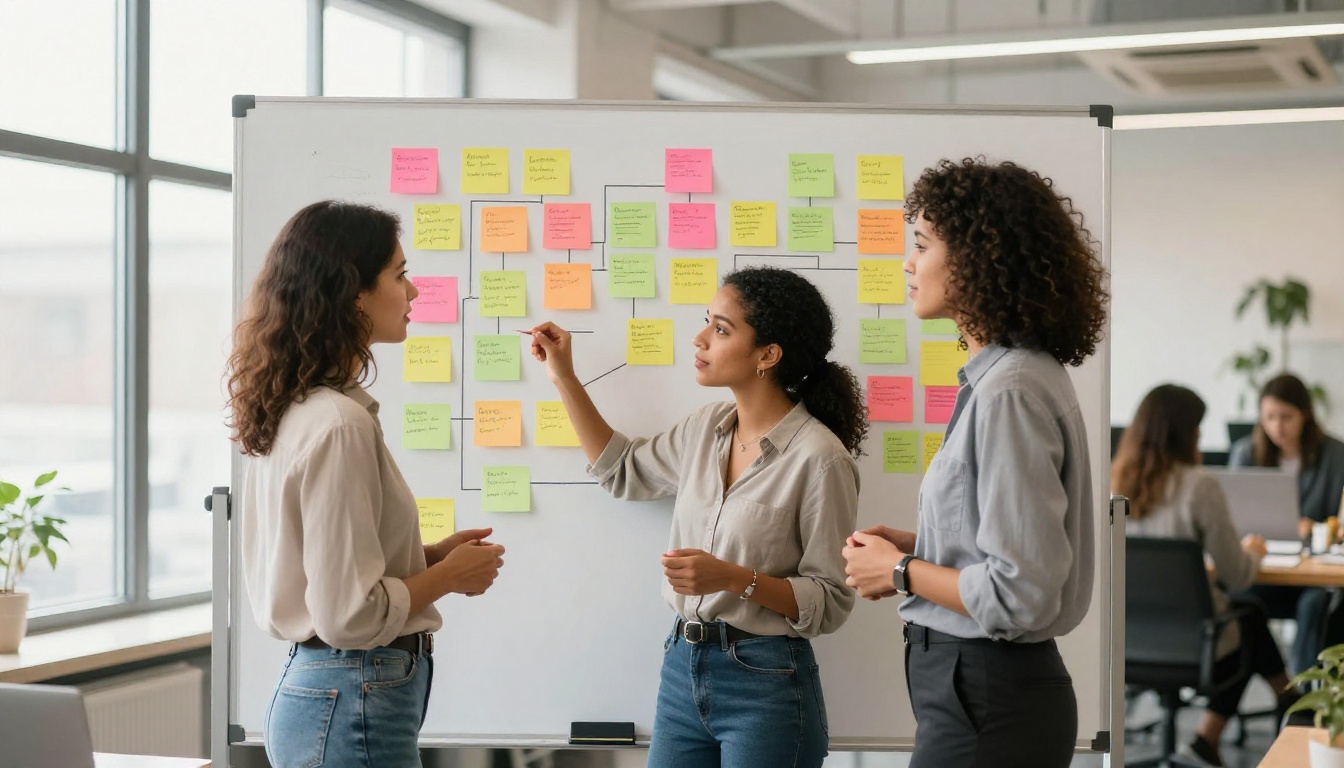 A content team brainstorming around a whiteboard covered with sticky notes and campaign flow diagrams