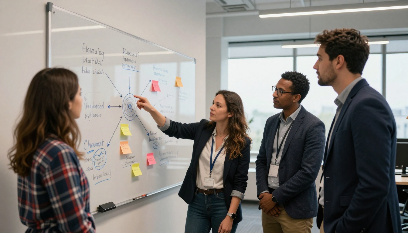 Three researchers collaborating around frosted glass whiteboard with handwritten diagrams and sticky notes