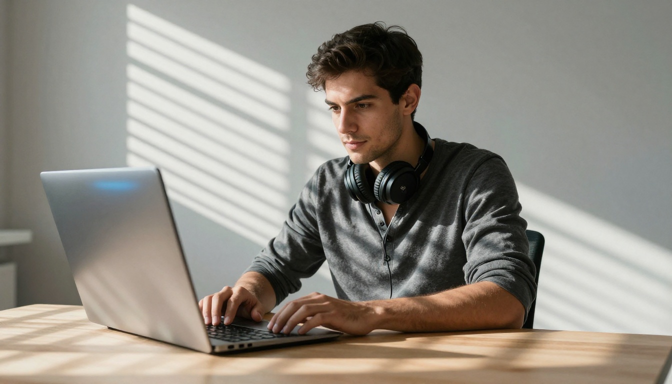 A focused copywriter typing at a standing desk with venetian blind shadow stripes across the light wood surface