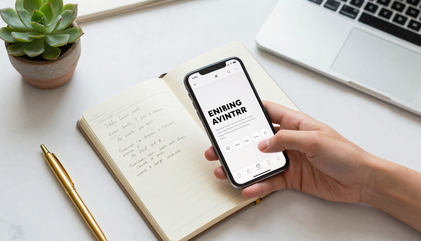 Overhead flat-lay of hands holding a smartphone displaying a social media ad mockup on a marble desk